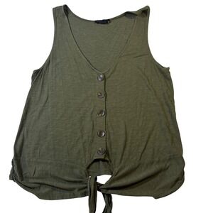 Sanctuary Olive Green Button Front Tie Hem Tank Top Sleeveless Women's Shirt L